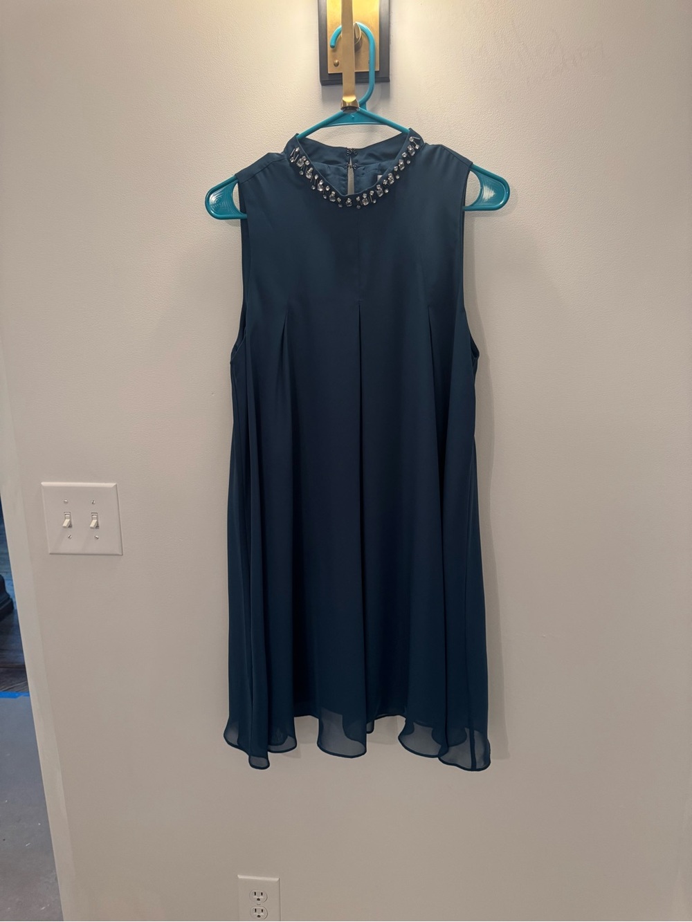 BCBGeneration Teal-Beaded High Neck Sleeveless Mini Dress